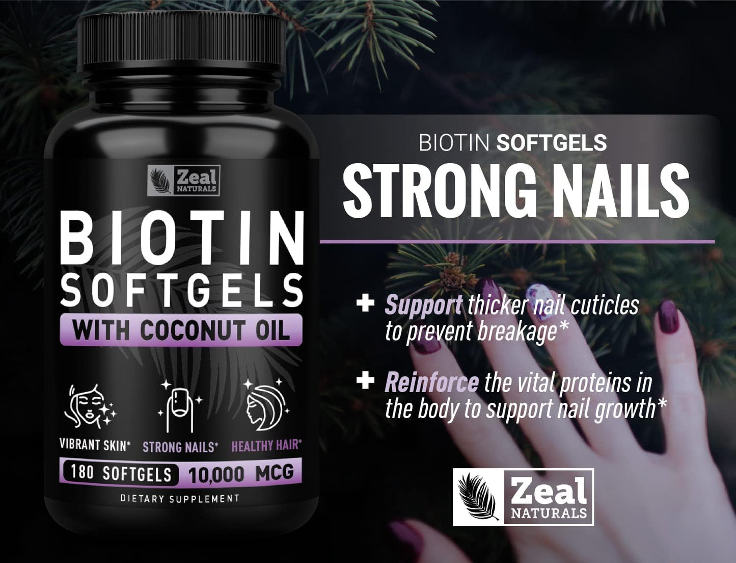Biotin with Coconut Oil 10000mcg (180 Softgels) - Hair, Skin, Nails Vitamins - Women & Men Hair Growth Supplement