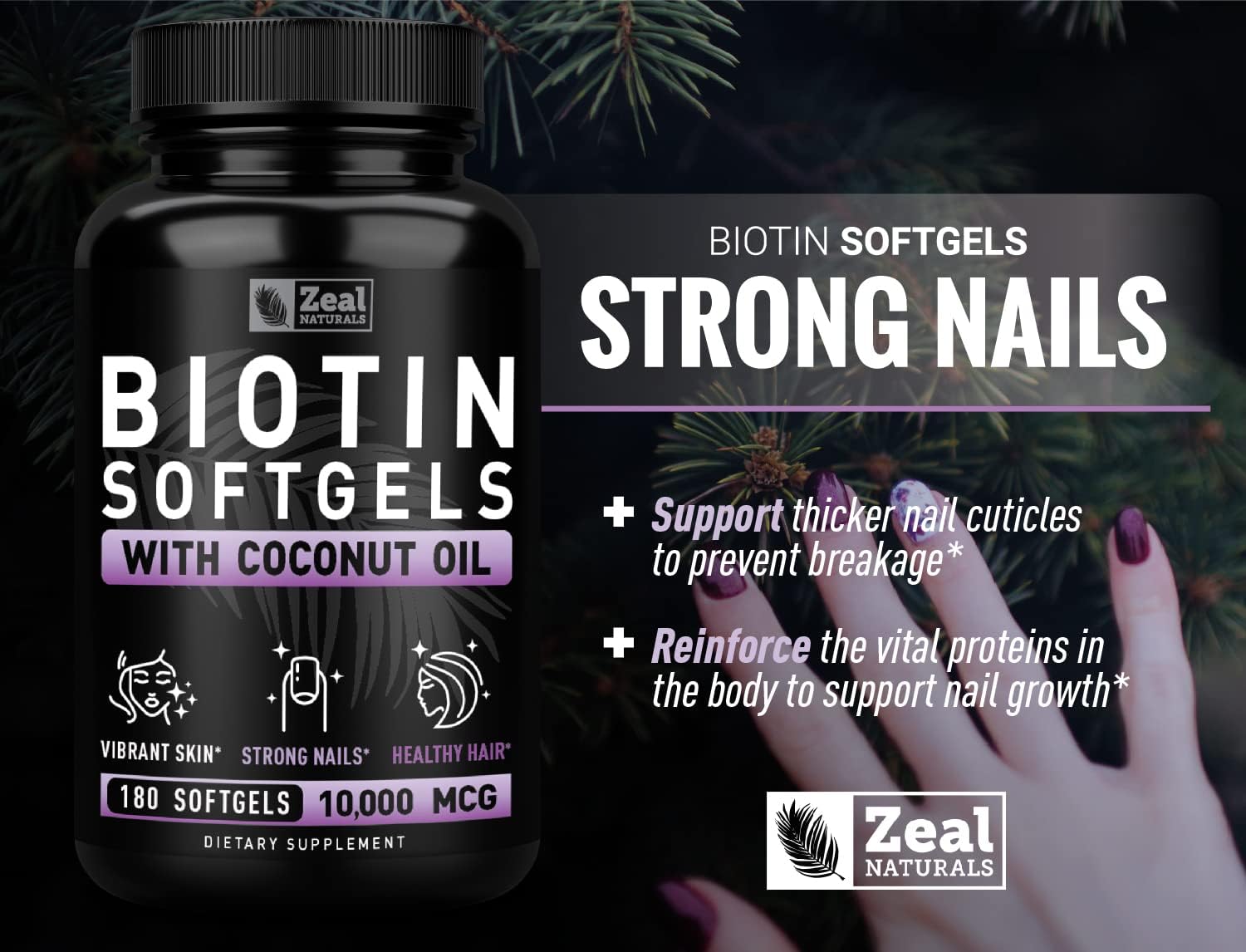 Biotin with Coconut Oil 10000mcg (180 Softgels) - Hair, Skin, Nails Vitamins - Women & Men Hair Growth Supplement
