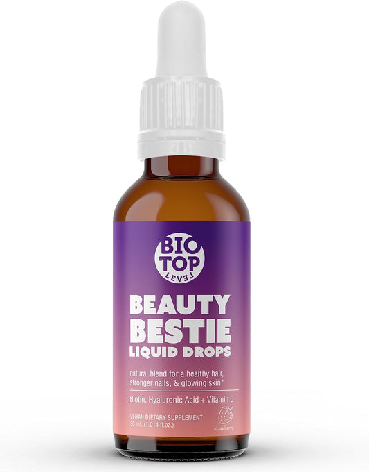 BIOTOPLEVEL Beauty Bestie Vegan Liquid Drops with Biotin, Vitamin C, and Hyaluronic Acid for Healthy Hair, Skin, and Nails Growth - 1 fl oz