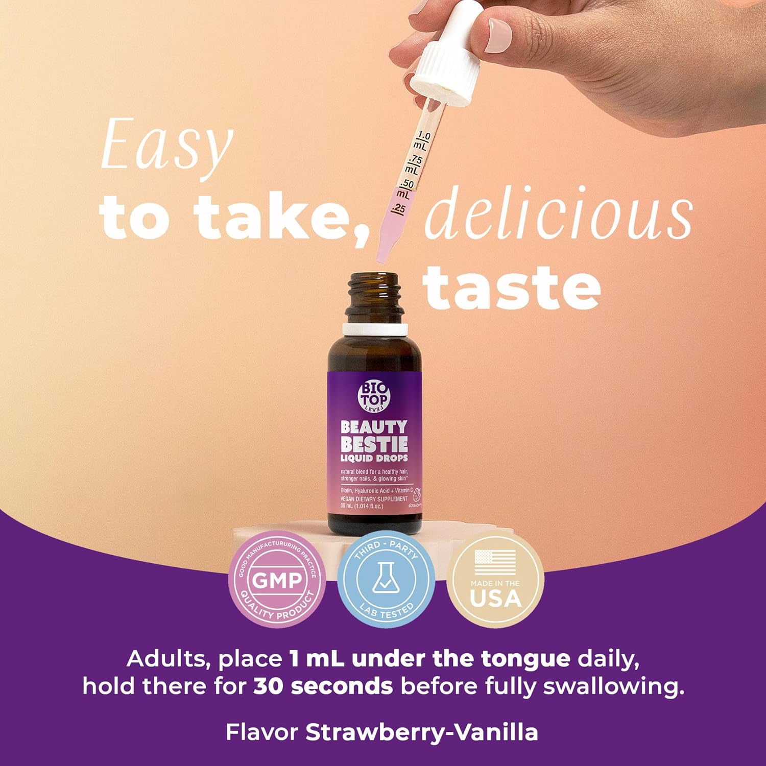 BIOTOPLEVEL Beauty Bestie Vegan Liquid Drops with Biotin, Vitamin C, and Hyaluronic Acid for Healthy Hair, Skin, and Nails Growth - 1 fl oz