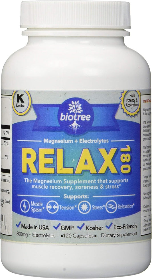 BioTree Labs Relax 180 - 120 Count, Electrolyte Supplement for Muscle Pain Relief & Tension, 60 Day Supply