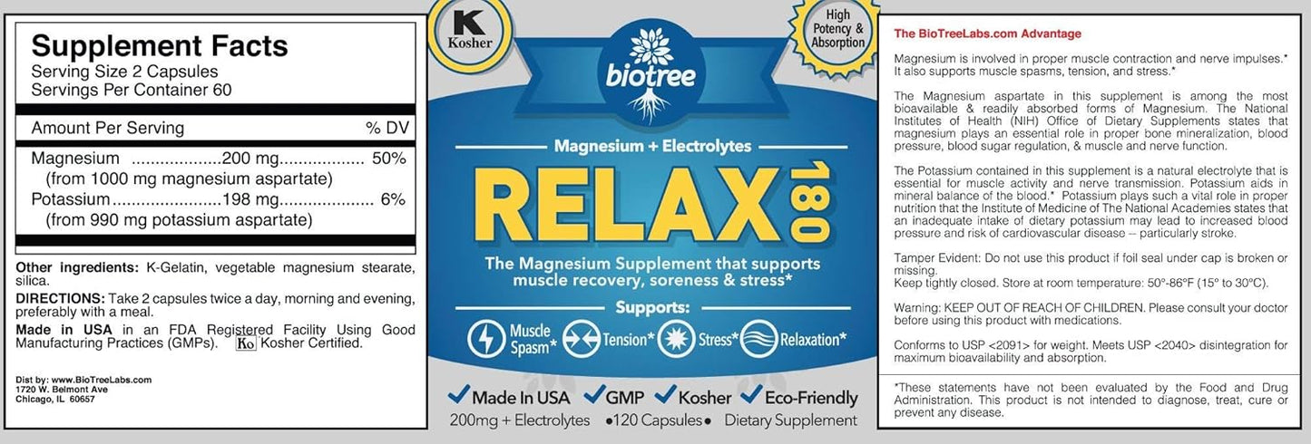 BioTree Labs Relax 180 - 120 Count, Electrolyte Supplement for Muscle Pain Relief & Tension, 60 Day Supply