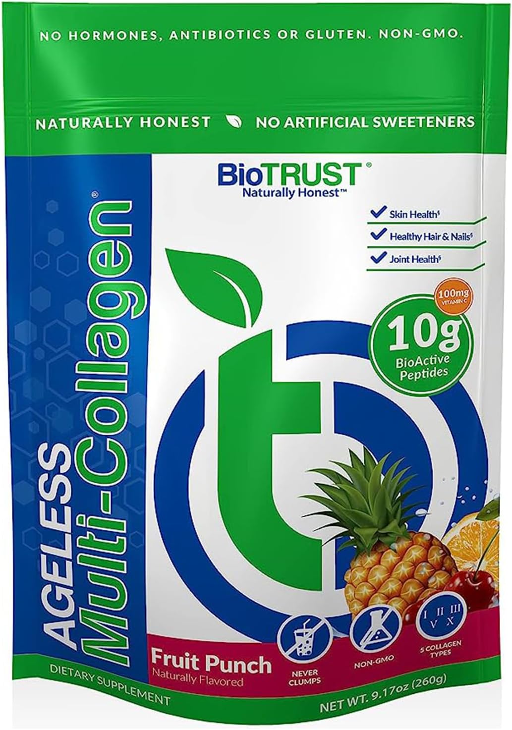 BioTrust Ageless Multi Collagen Peptides Powder - 5 Types (I, II, III, V, X) - Fruit Punch Collagen Powder for Men and Women - Hydrolyzed Protein from Grass-Fed Sources