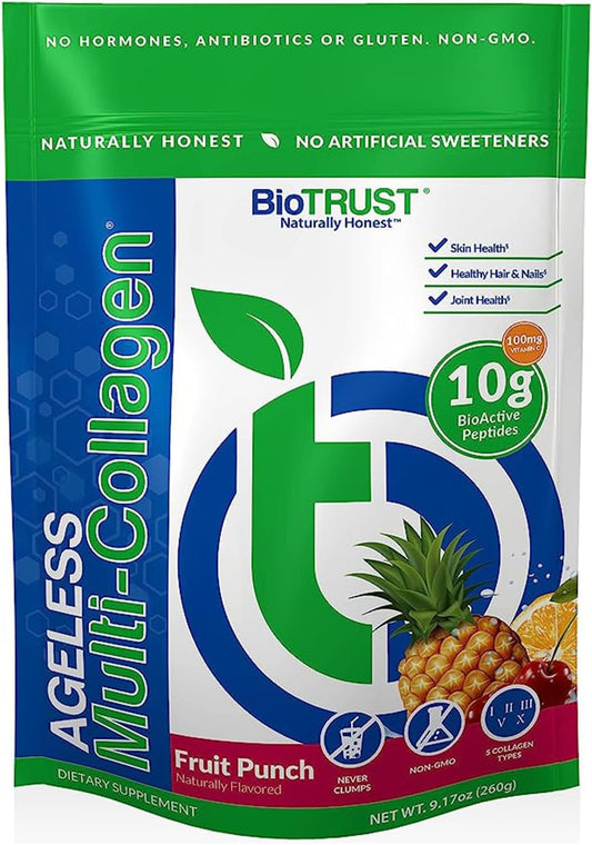 BioTrust Ageless Multi Collagen Peptides Powder - 5 Types (I, II, III, V, X) - Fruit Punch Collagen Powder for Men and Women - Hydrolyzed Protein from Grass-Fed Sources