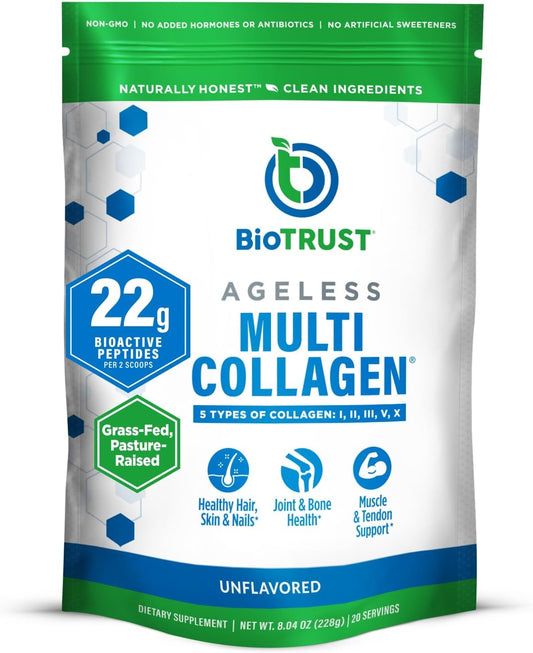 BioTrust Ageless Multi Collagen Peptides Powder - Unflavored Hydrolyzed Protein with 5 Types of Collagen for Women & Men - Grass Fed Sources