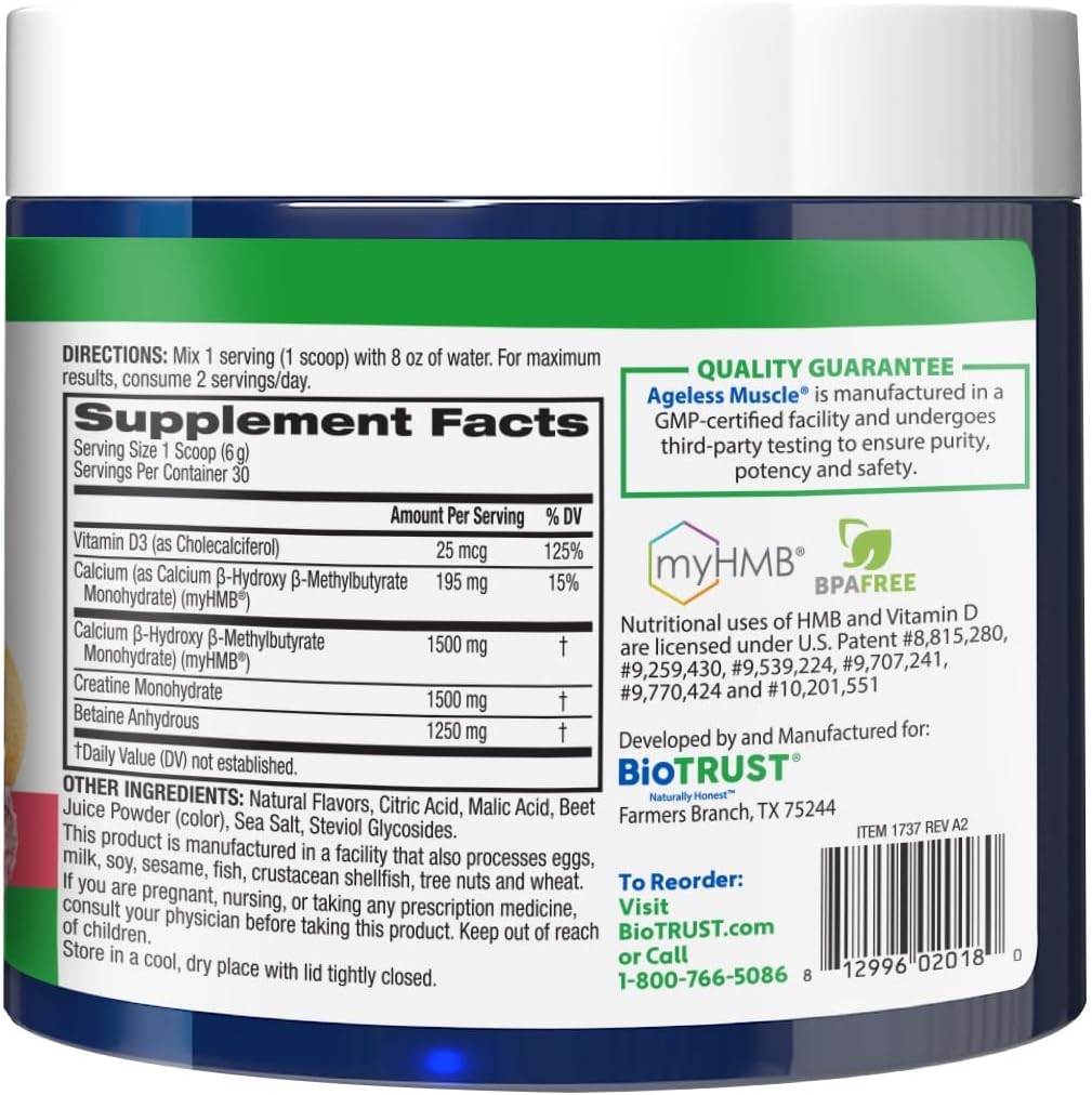BioTrust Ageless Muscle Builder: Creatine HMB Powder with Vitamin D3 & Betaine for Muscle Mass & Strength - Fruit Punch, 60 Servings