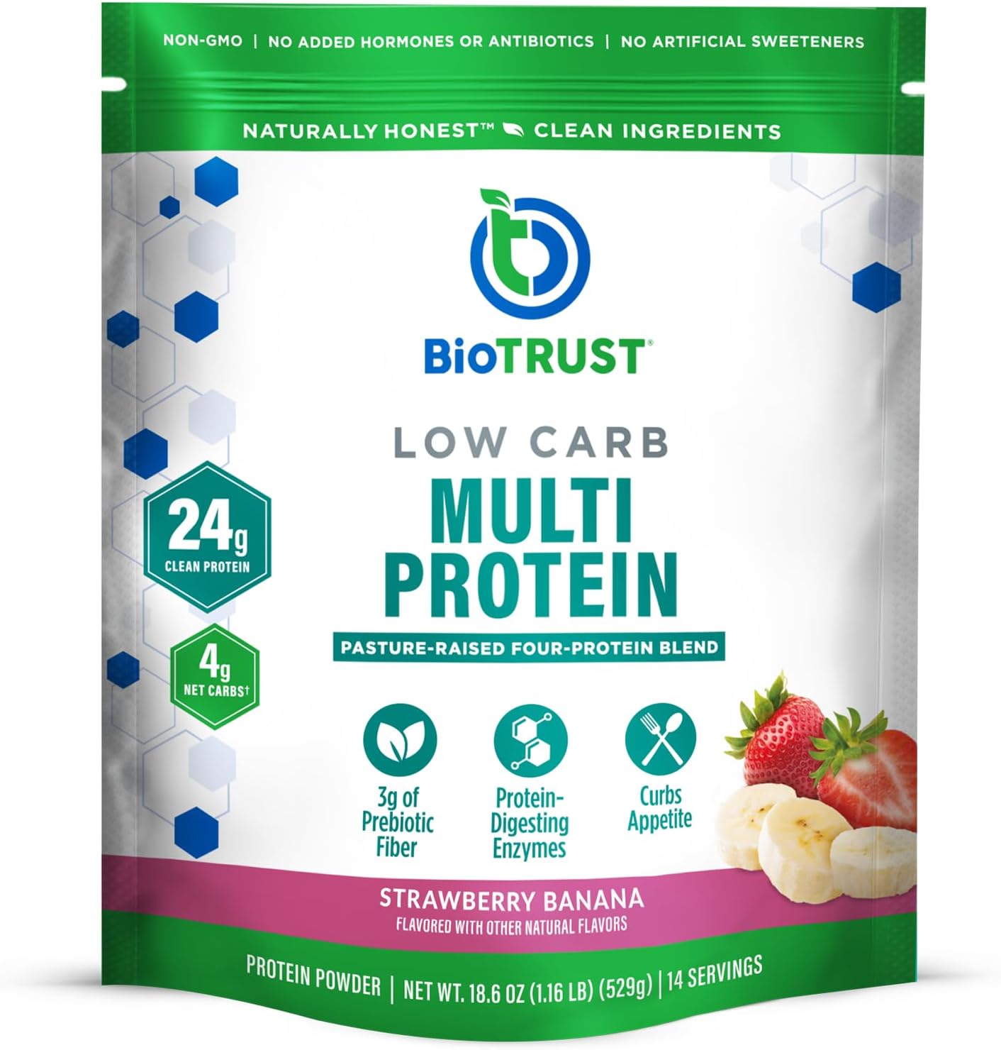 BioTrust Low Carb Protein Powder - Strawberry Banana Flavor - Grass-Fed Whey & Casein Blend - Non GMO & Gluten Free