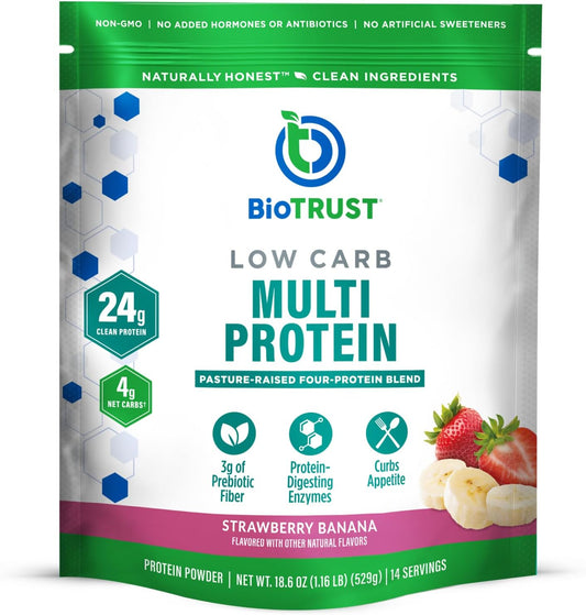 BioTrust Low Carb Protein Powder - Strawberry Banana Flavor - Grass-Fed Whey & Casein Blend - Non GMO & Gluten Free