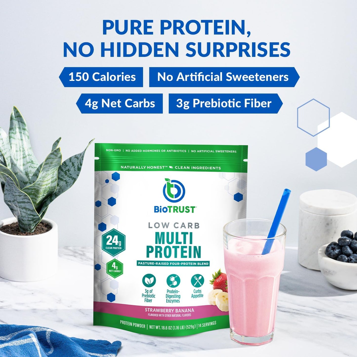 BioTrust Low Carb Protein Powder - Strawberry Banana Flavor - Grass-Fed Whey & Casein Blend - Non GMO & Gluten Free