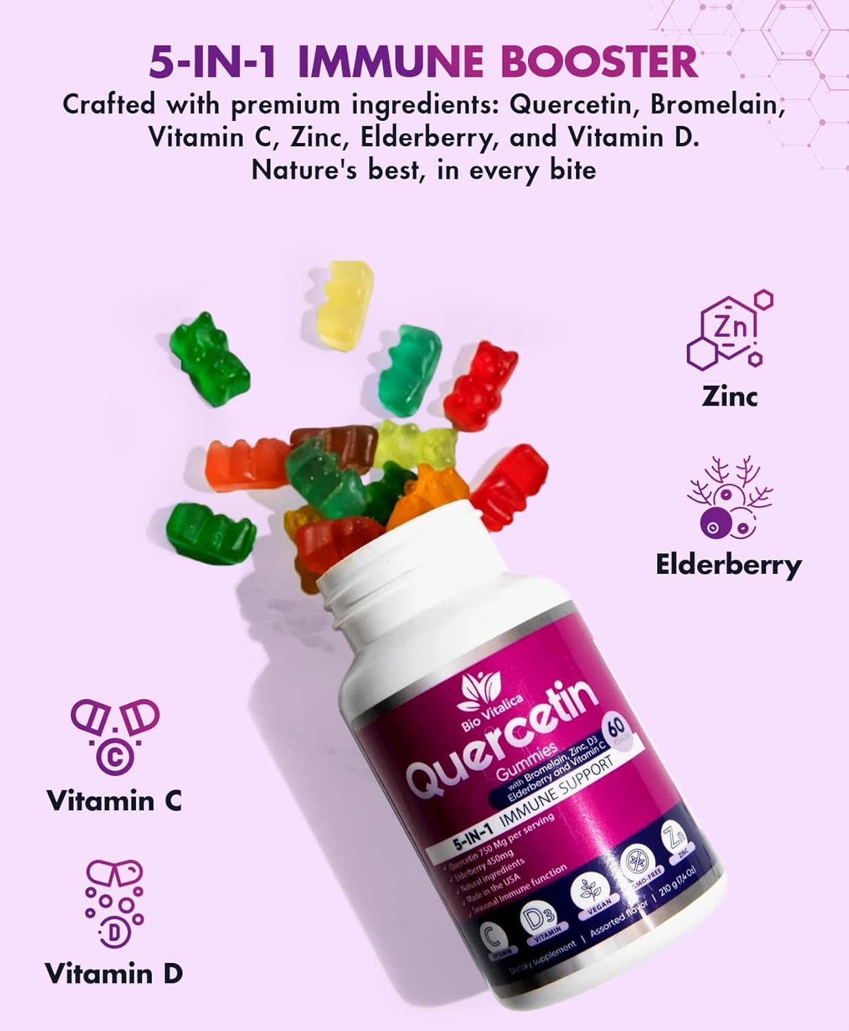 BioVitalica Quercetin Gummies with Bromelain, Vitamin C, Zinc, Elderberry, and Vitamin D3 - Immune Support for Kids and Adults - 750mg Quercetin - 5-in-1 Formula (4 Pack)