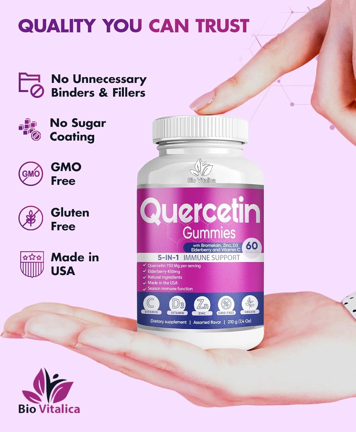 BioVitalica Quercetin Gummies with Bromelain, Vitamin C, Zinc, Elderberry, and Vitamin D3 - Immune Support for Kids and Adults - 750mg Quercetin - 5-in-1 Formula (4 Pack)