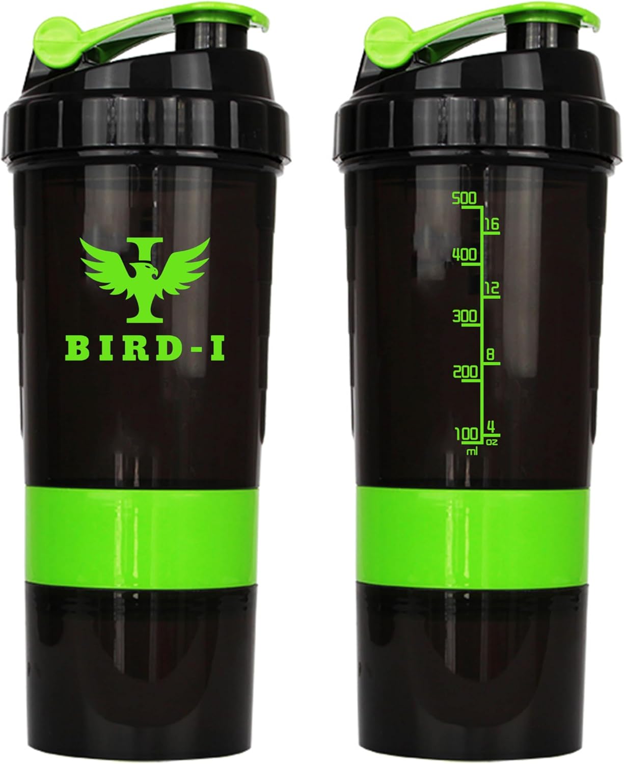 BIRD-I 3-in-1 Gym Protein Shaker - 500ml/16.9oz, BPA-Free, Metal Mixer - Green