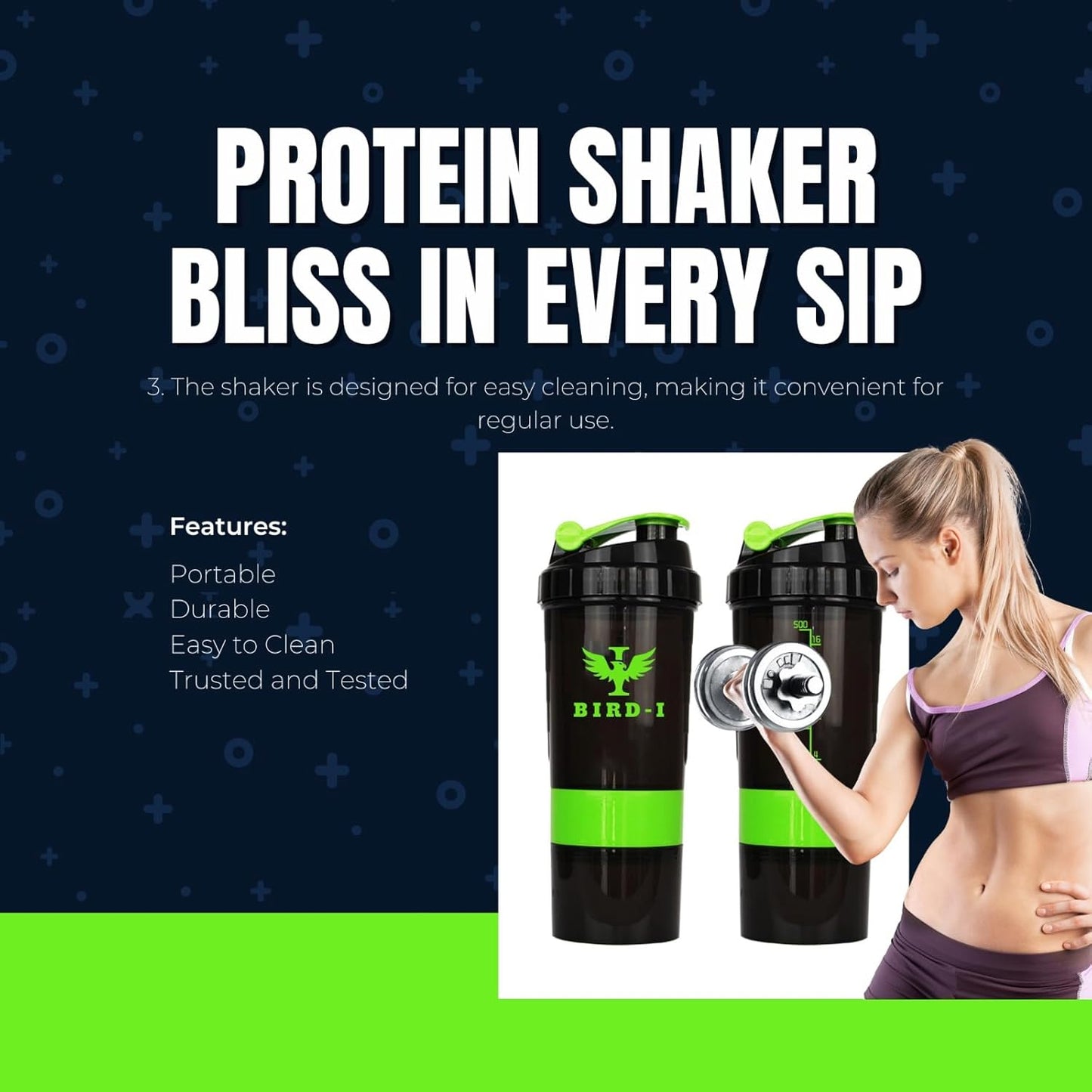BIRD-I 3-in-1 Gym Protein Shaker - 500ml/16.9oz, BPA-Free, Metal Mixer - Green