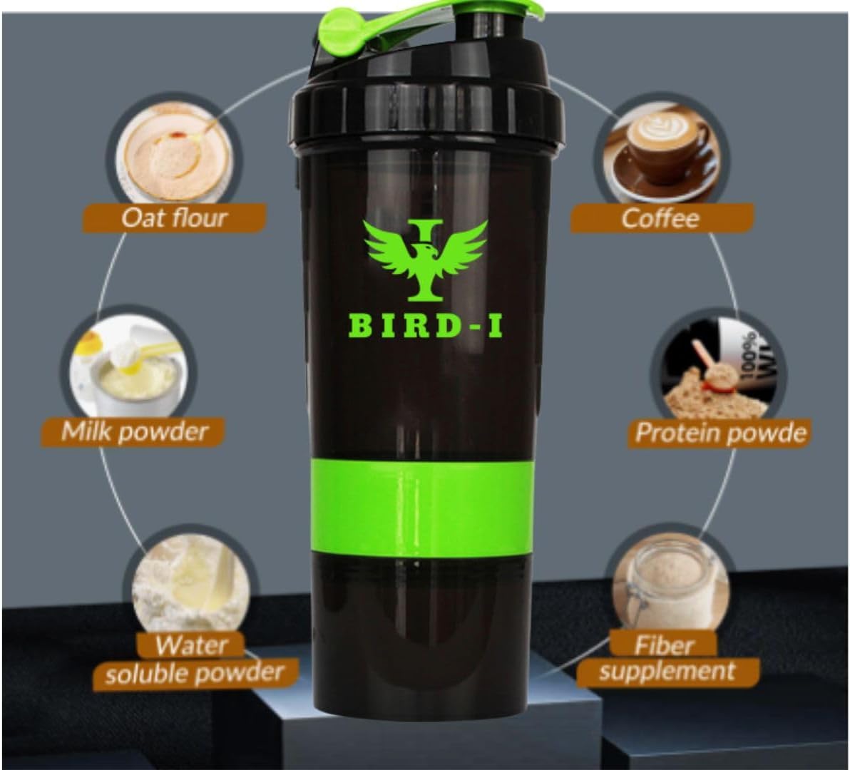 BIRD-I 3-in-1 Gym Protein Shaker - 500ml/16.9oz, BPA-Free, Metal Mixer - Green