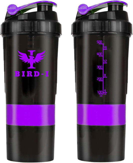 BIRD-I 3-in-1 Gym Protein Shaker 500ml Metal Mixer BPA-Free Purple
