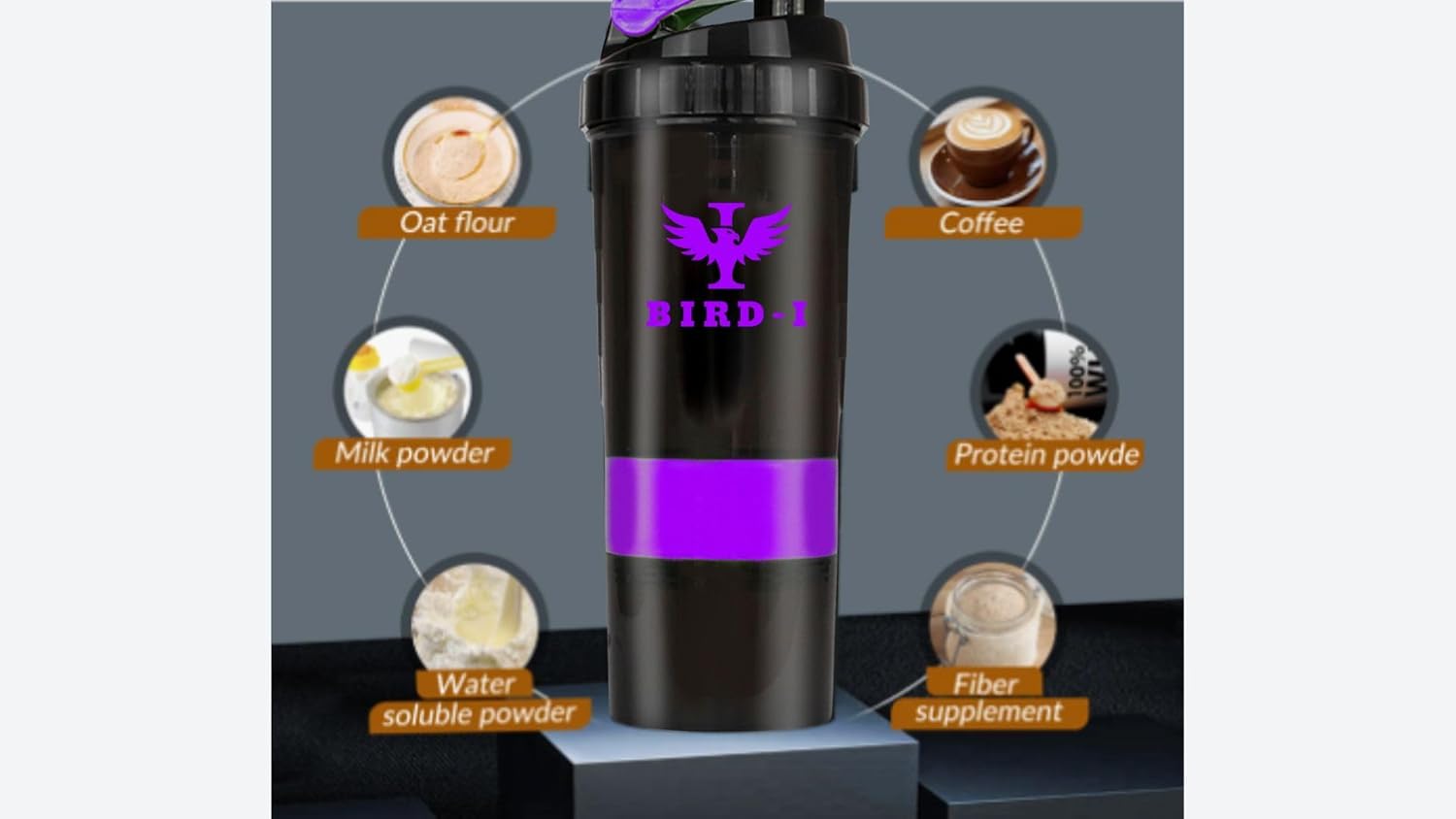 BIRD-I 3-in-1 Gym Protein Shaker 500ml Metal Mixer BPA-Free Purple