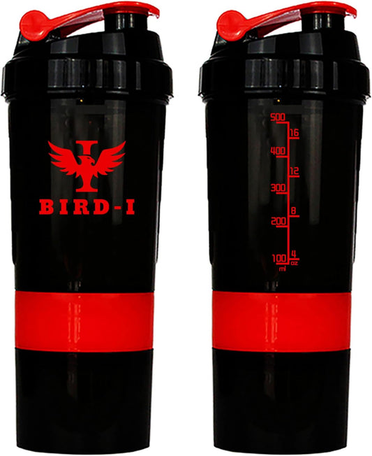 BIRD-I 3-in-1 Gym Protein Shaker, 500ml/16.9oz, BPA-Free Metal Mixer - Red
