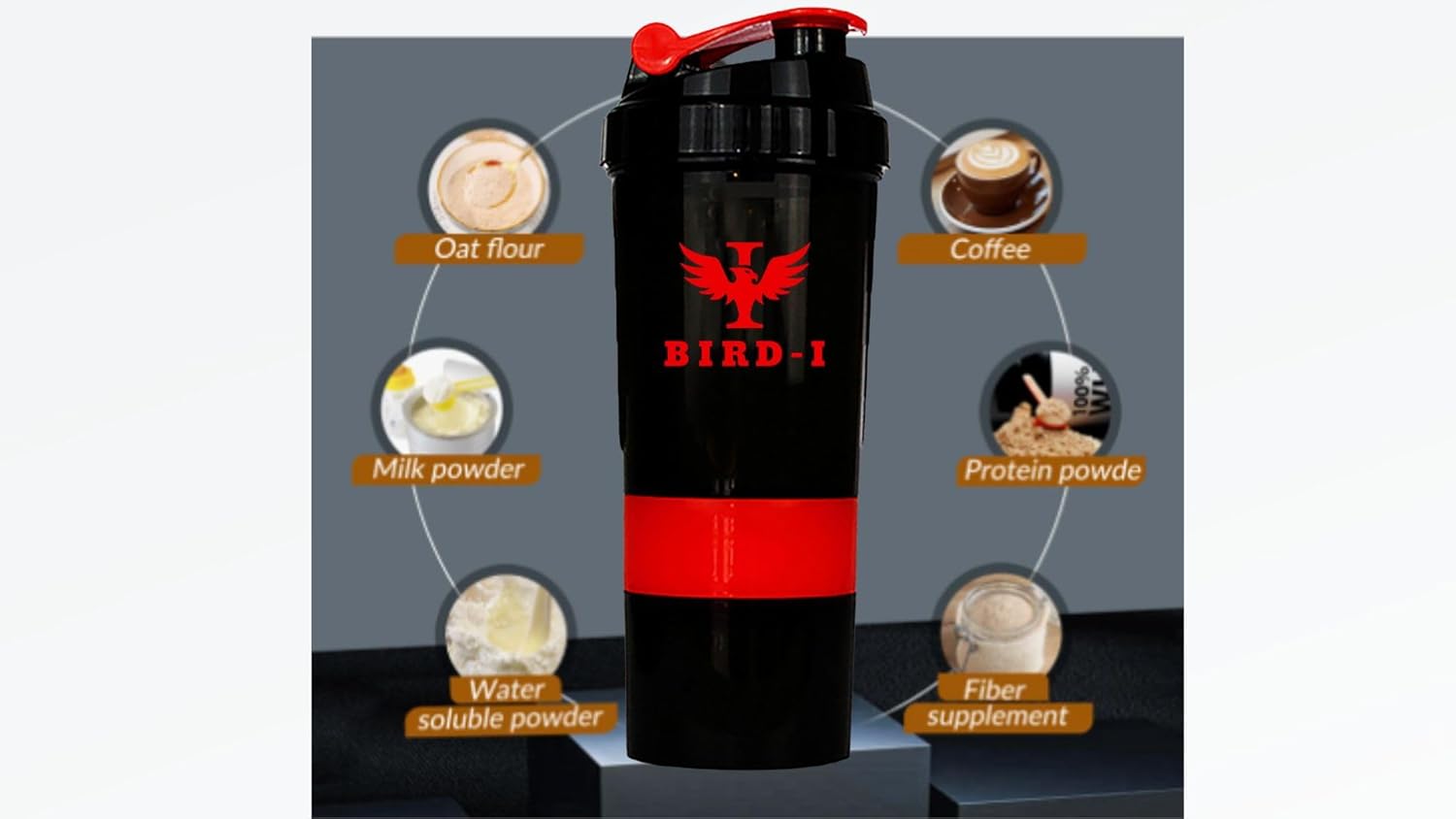 BIRD-I 3-in-1 Gym Protein Shaker, 500ml/16.9oz, BPA-Free Metal Mixer - Red