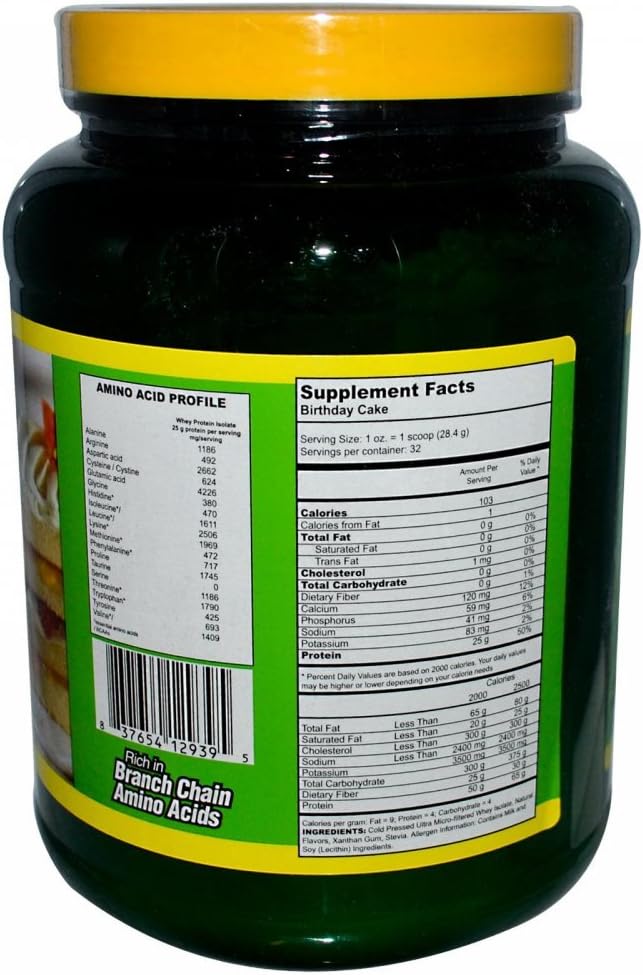 Birthday Cake Whey Protein Isolate 2lb - 25g Protein, Non-GMO, Zero Fat & Sugars, No Artificial Sweeteners - 32 Servings