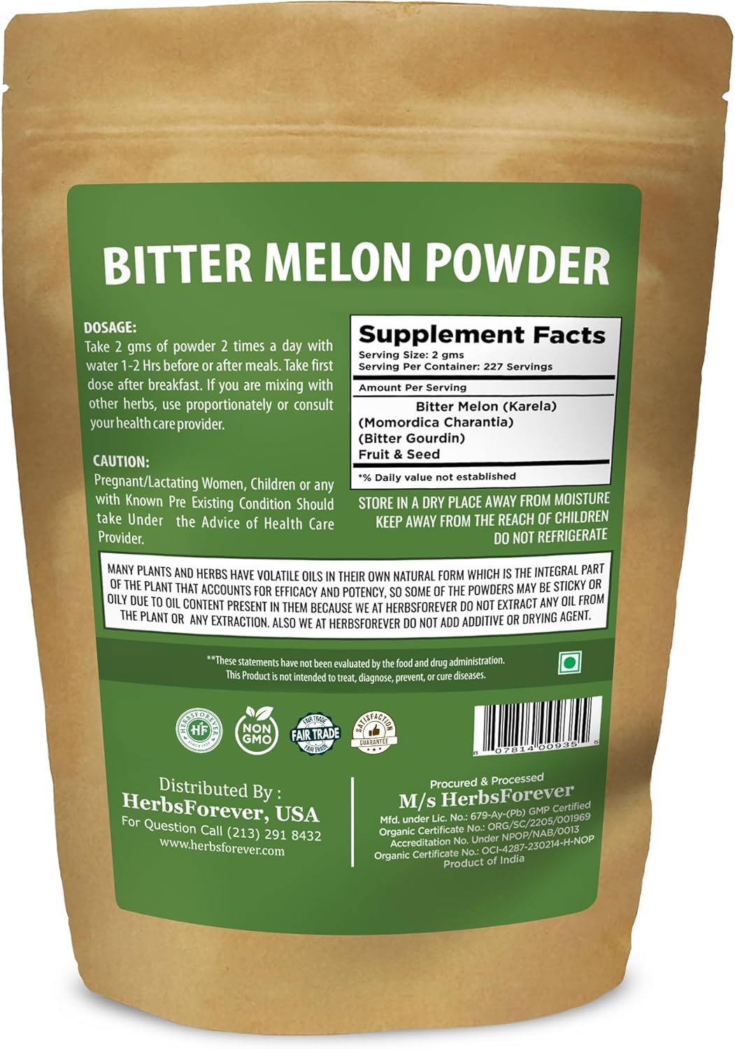Bitter Melon Powder (Karela) - Vitamin C, Non-GMO, 100% Pure, Plant-Based Vegan - 454 GMS