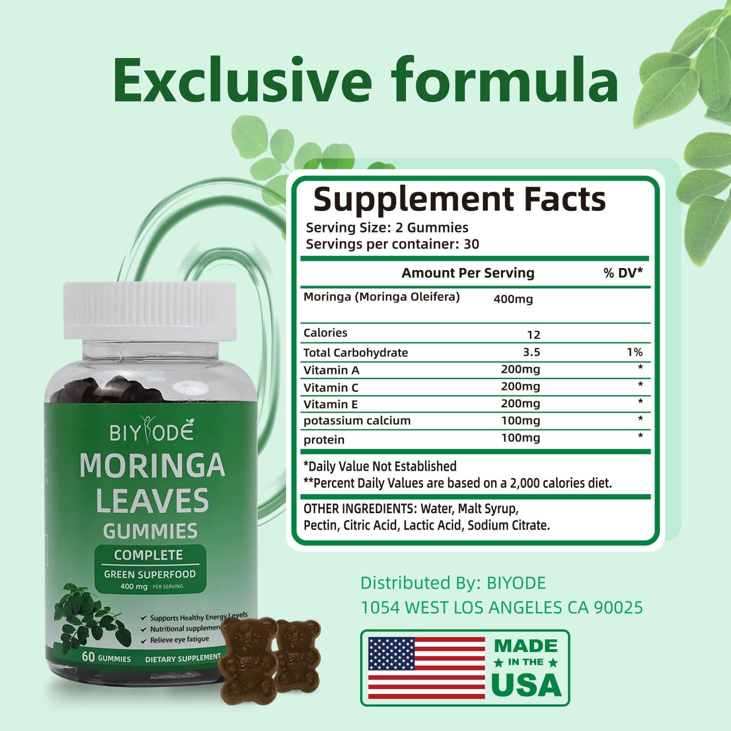 BIYODE Moringa Leaf Gummies - Heart Health, Energy, Joint Support - 400mg Antioxidants - 60 Gummies - 30 Day Supply