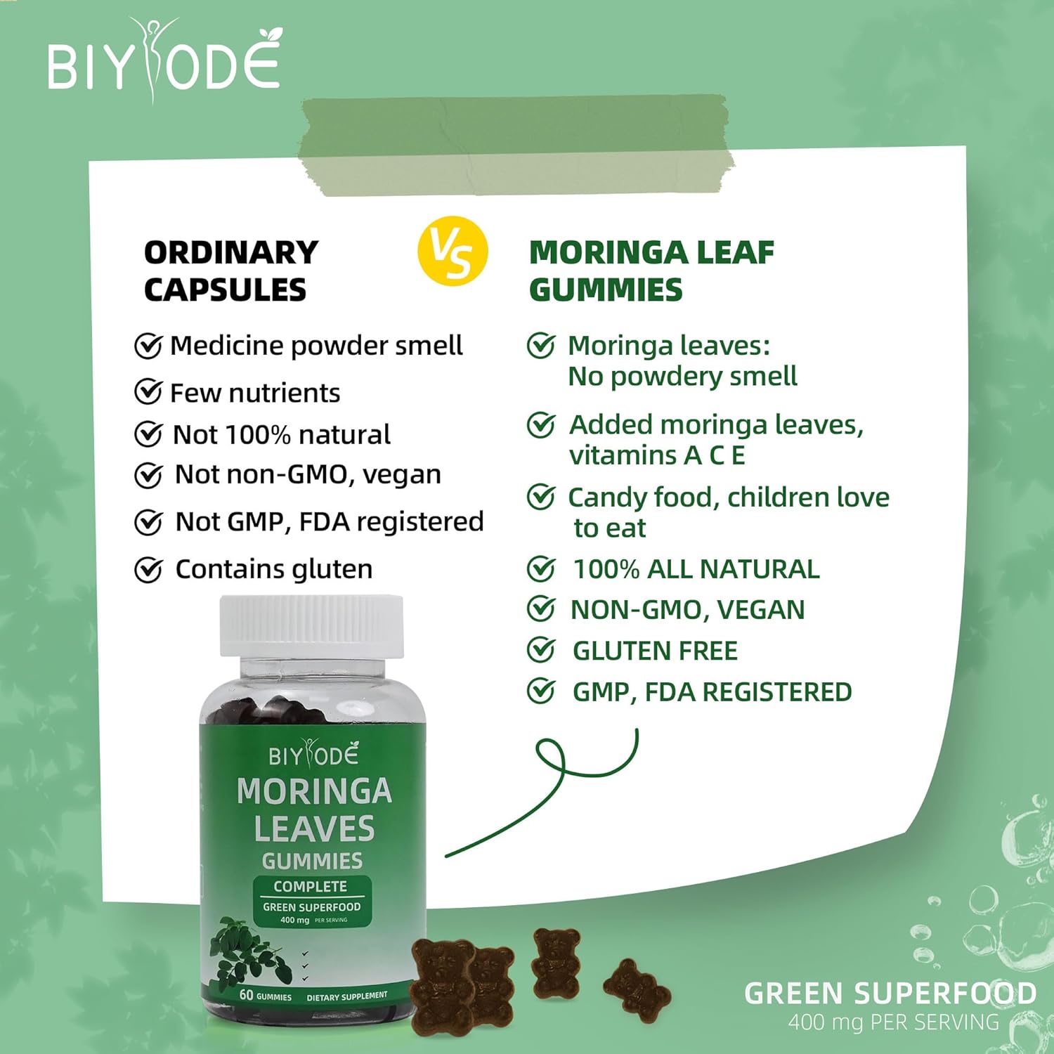 BIYODE Moringa Leaf Gummies - Heart Health, Energy, Joint Support - 400mg Antioxidants - 60 Gummies - 30 Day Supply