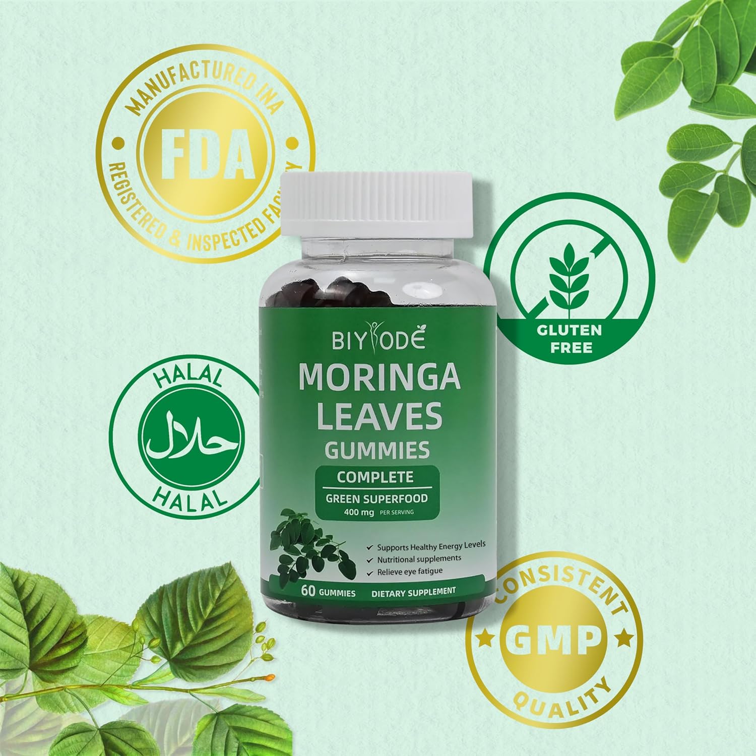 BIYODE Moringa Leaf Gummies - Heart Health, Energy, Joint Support - 400mg Antioxidants - 60 Gummies - 30 Day Supply