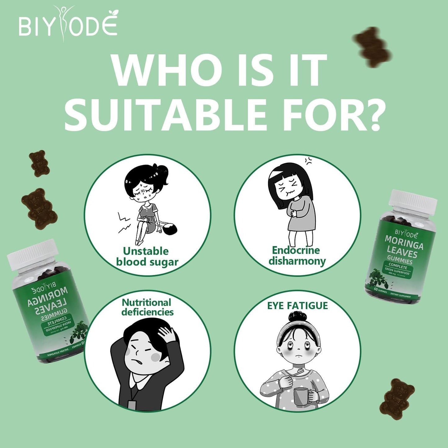 BIYODE Moringa Leaf Gummies - Heart Health, Energy, Joint Support - 400mg Antioxidants - 60 Gummies - 30 Day Supply