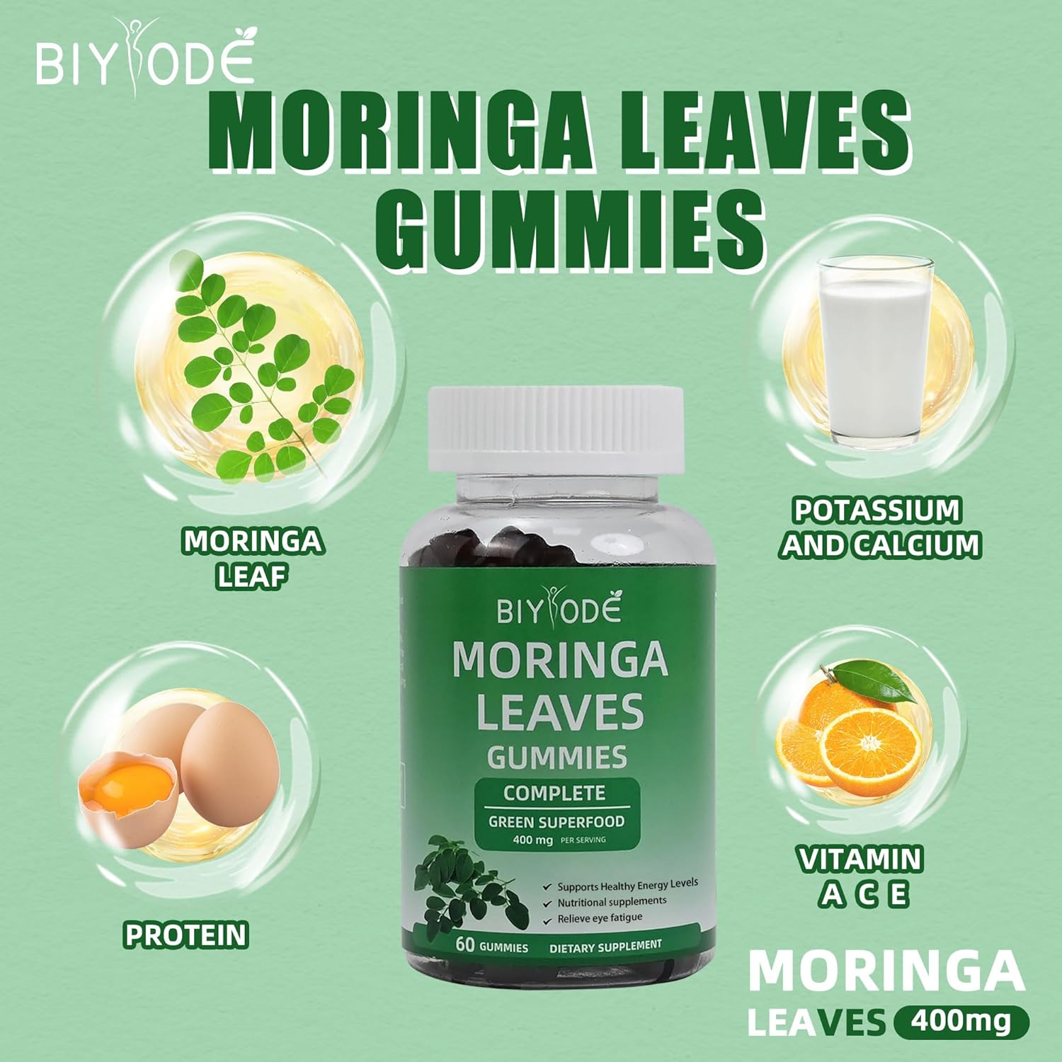 BIYODE Moringa Leaf Gummies - Heart Health, Energy, Joint Support - 400mg Antioxidants - 60 Gummies - 30 Day Supply