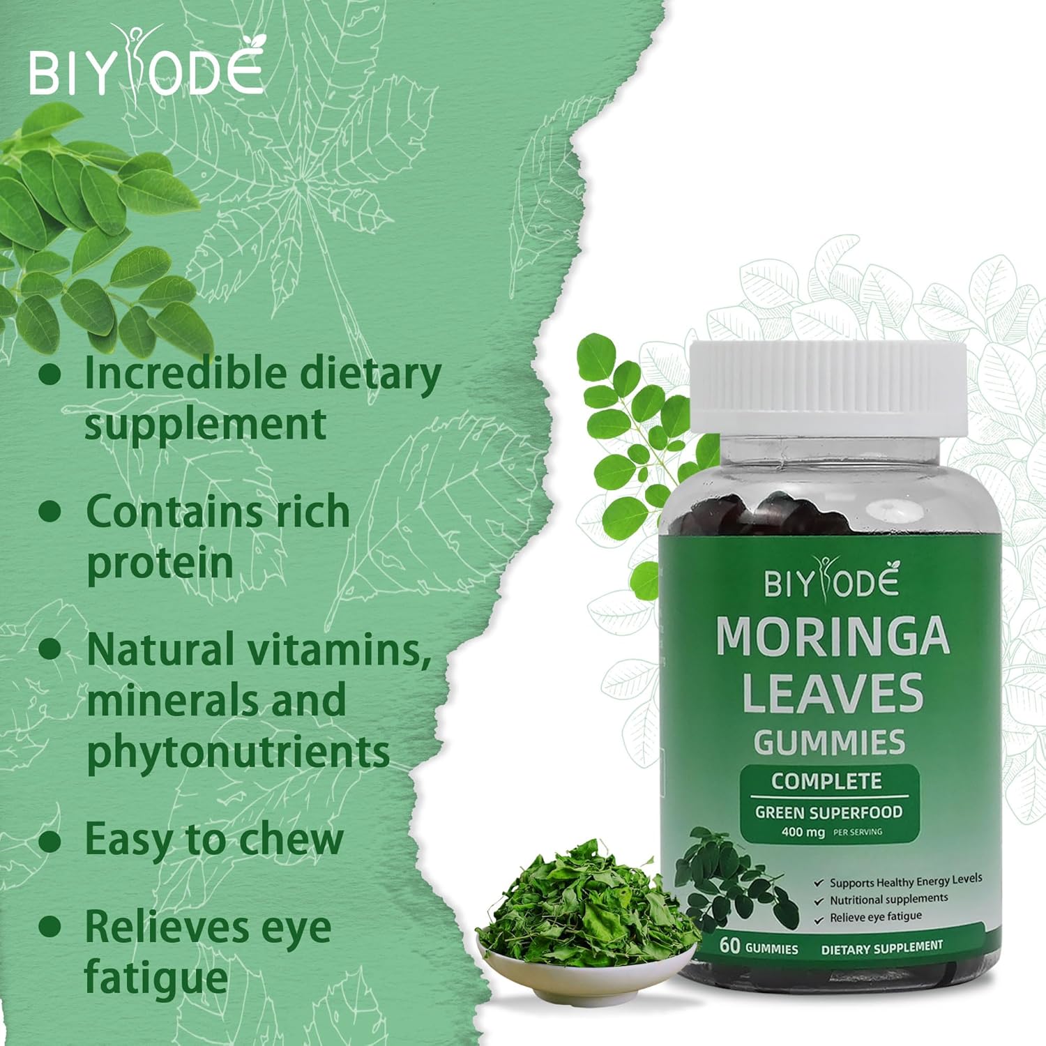 BIYODE Moringa Leaf Gummies - Heart Health, Energy, Joint Support - 400mg Antioxidants - 60 Gummies - 30 Day Supply