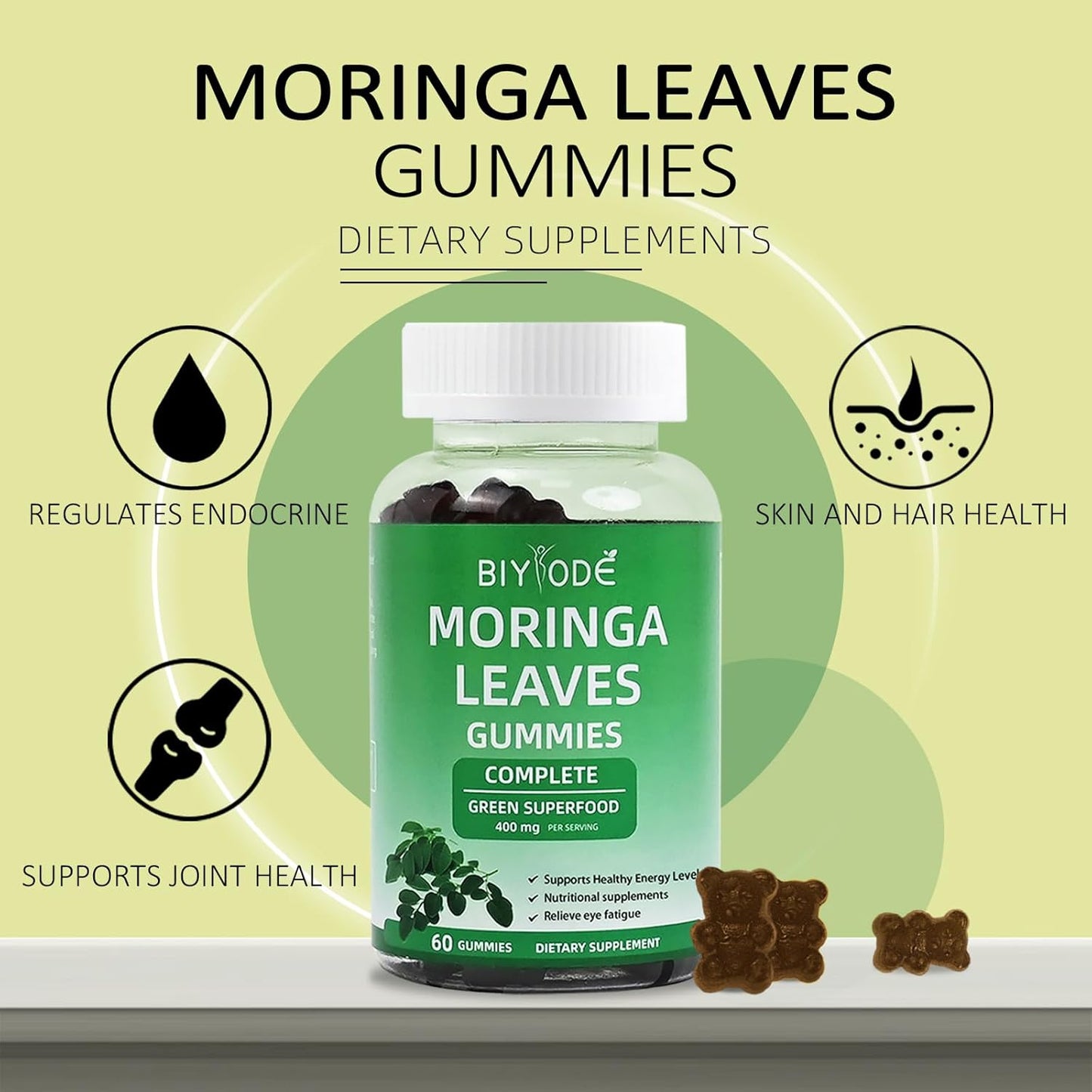 BIYODE Moringa Leaf Gummies - Heart Health, Energy, Joint Support - 400mg Antioxidants - 60 Gummies - 30 Day Supply
