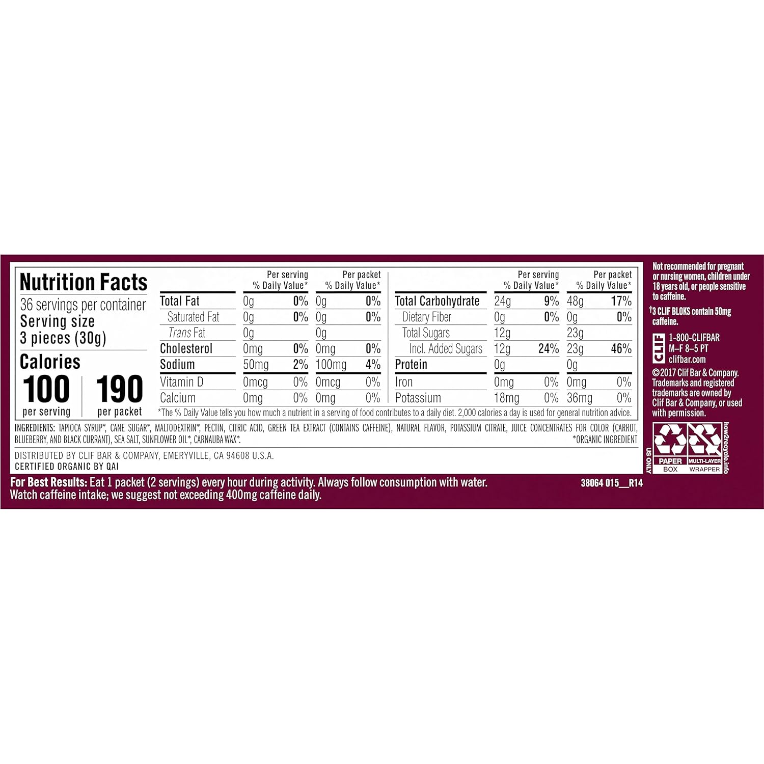Black Cherry Caffeinated CLIF BLOKS - Plant Based Energy Chews for Cycling and Running - Non-GMO Fast Fuel with Carbohydrates and Electrolytes - 18 Count