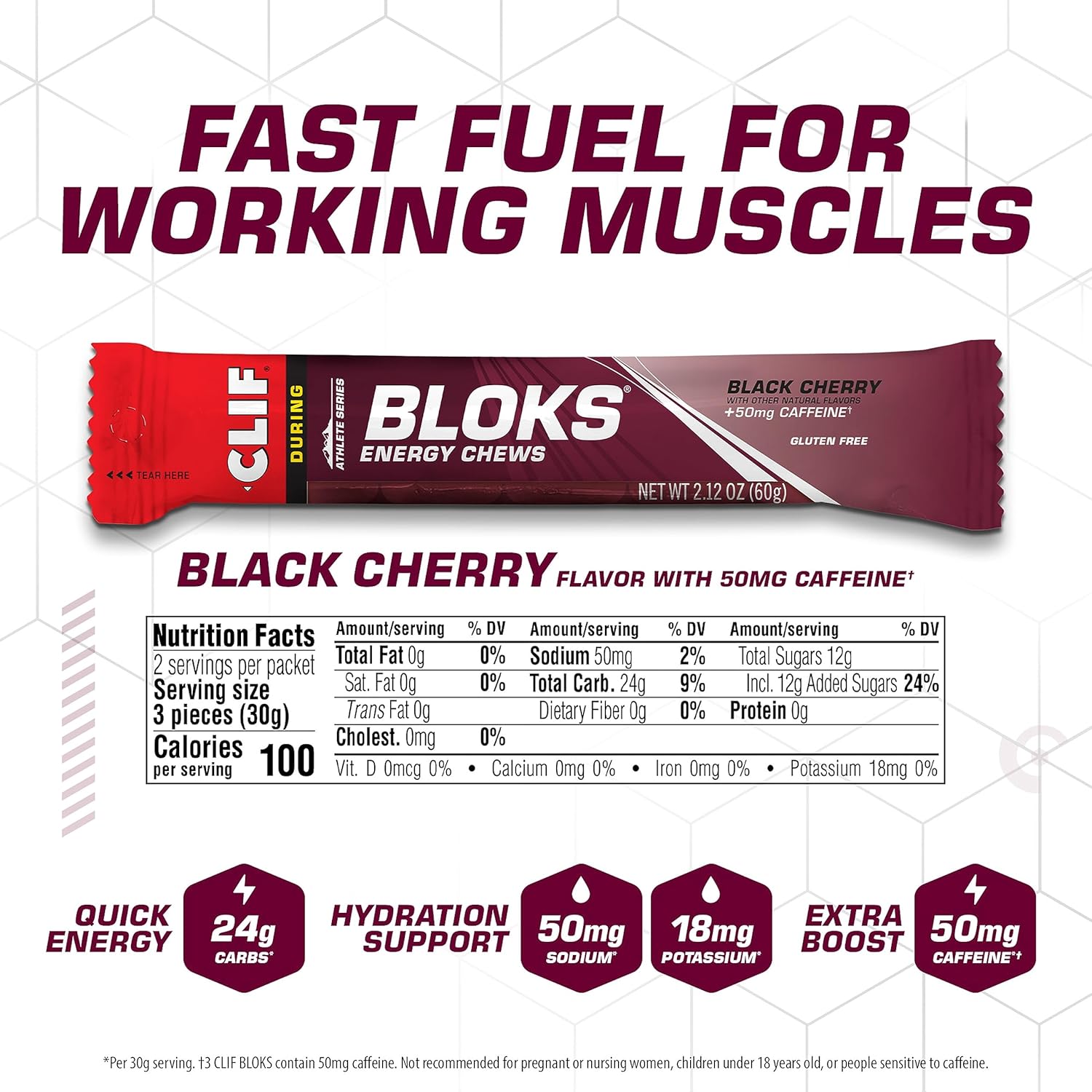 Black Cherry Caffeinated CLIF BLOKS - Plant Based Energy Chews for Cycling and Running - Non-GMO Fast Fuel with Carbohydrates and Electrolytes - 18 Count