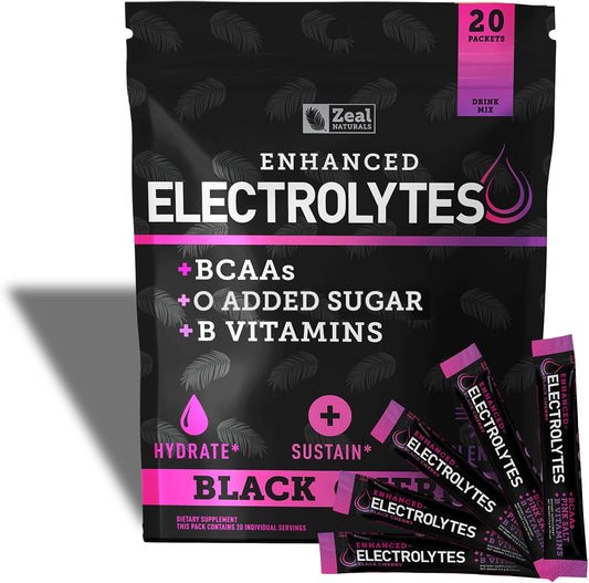 Black Cherry Electrolyte Powder Stick Packs - 20 Packets, Sugar-Free w/ BCAAs & B-Vitamins - Hydration Supplement w/ Potassium, Zinc, Magnesium - Keto-Friendly