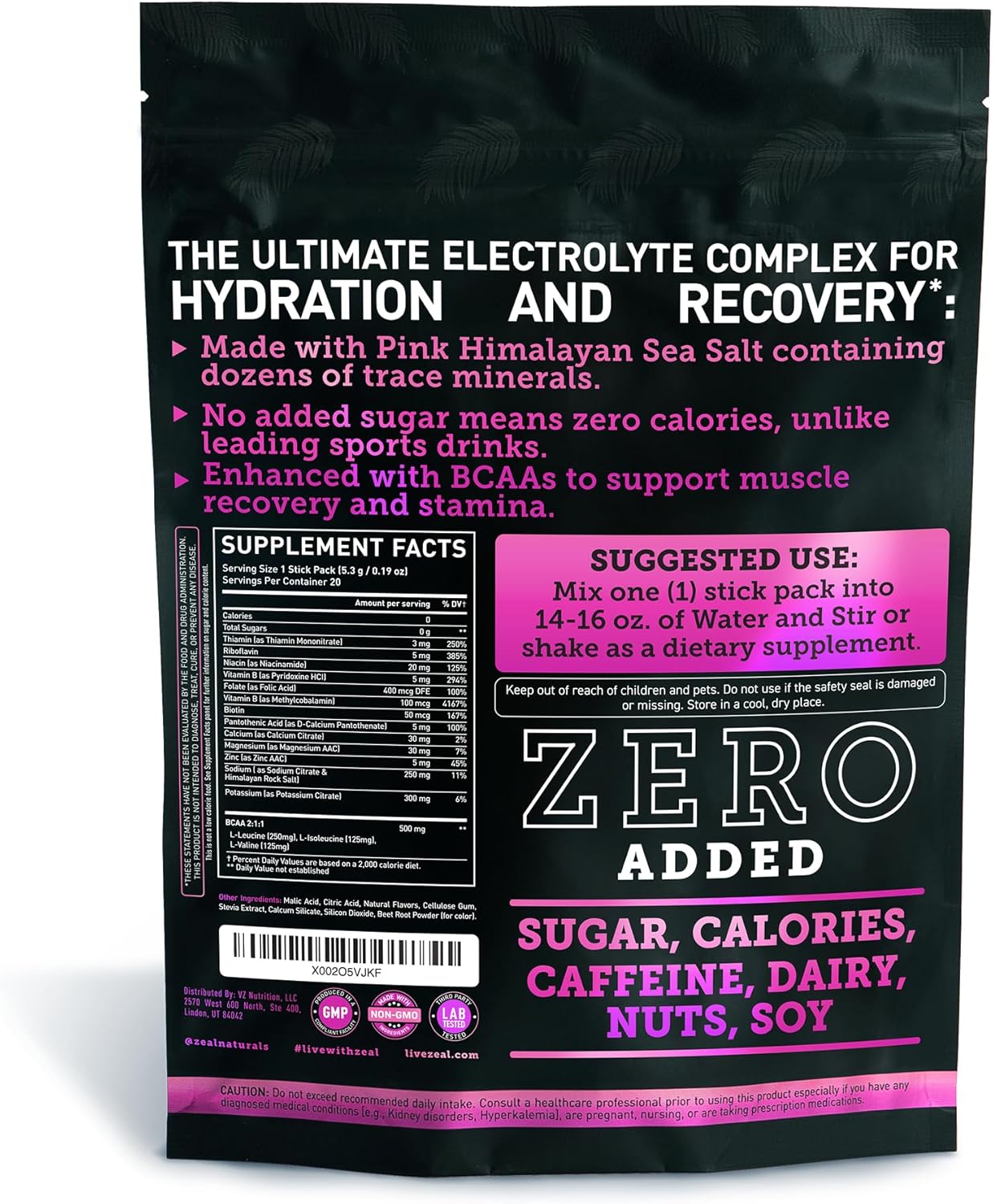 Black Cherry Electrolyte Powder Stick Packs - 20 Packets, Sugar-Free w/ BCAAs & B-Vitamins - Hydration Supplement w/ Potassium, Zinc, Magnesium - Keto-Friendly