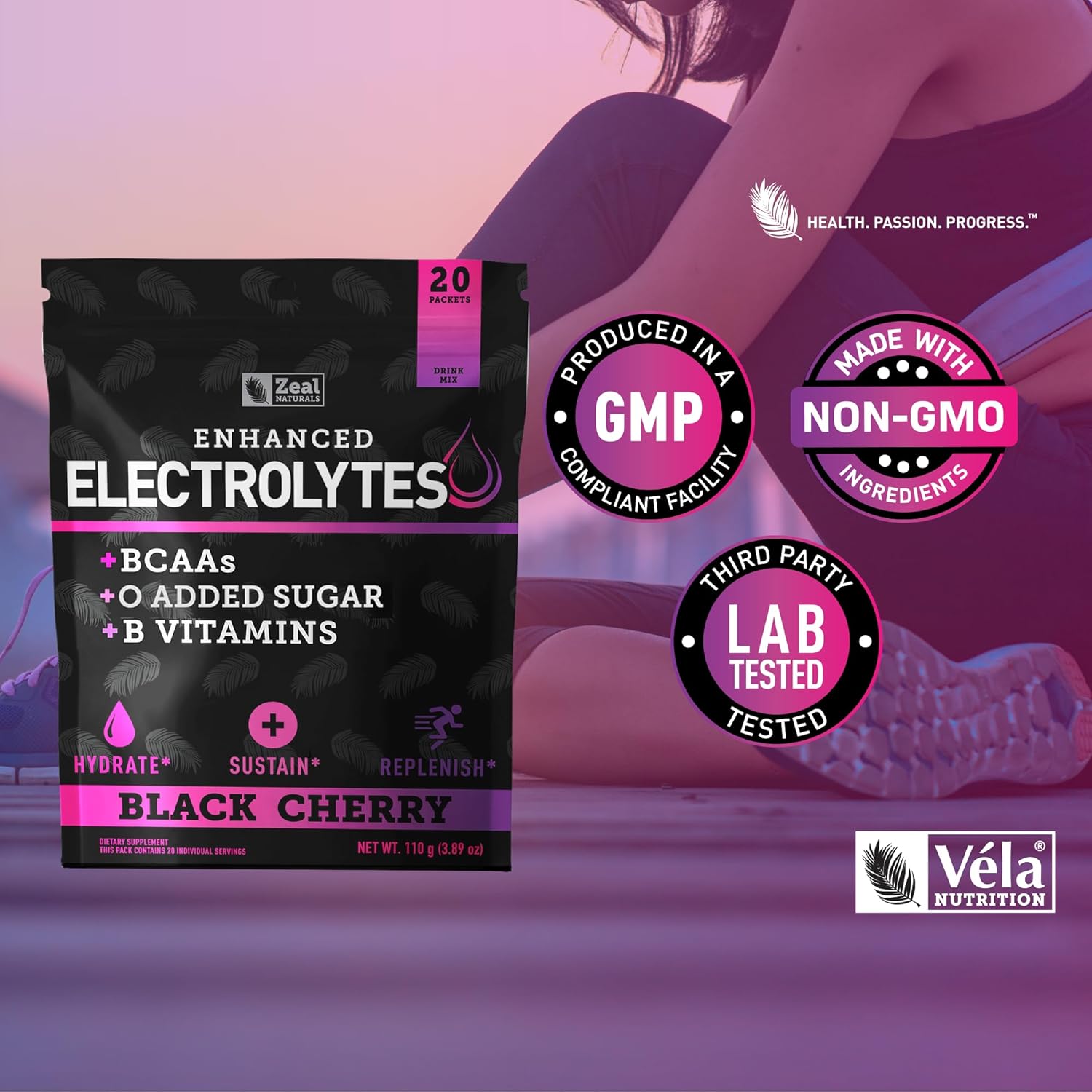 Black Cherry Electrolyte Powder Stick Packs - 20 Packets, Sugar-Free w/ BCAAs & B-Vitamins - Hydration Supplement w/ Potassium, Zinc, Magnesium - Keto-Friendly