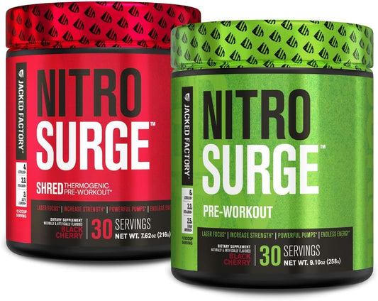 Black Cherry Nitrosurge Pre-Workout Bundle for Men and Women - Jacked Factory Nitrosurge Shred Thermogenic Formula