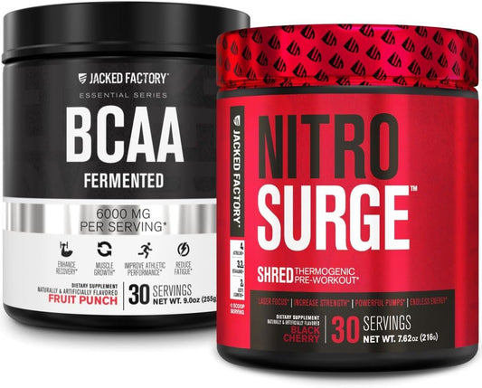 Black Cherry Nitrosurge Shred Thermogenic Pre-Workout & Fruit Punch BCAA Combo for Body Recomposition, Muscle Building, and Recovery by Jacked Factory