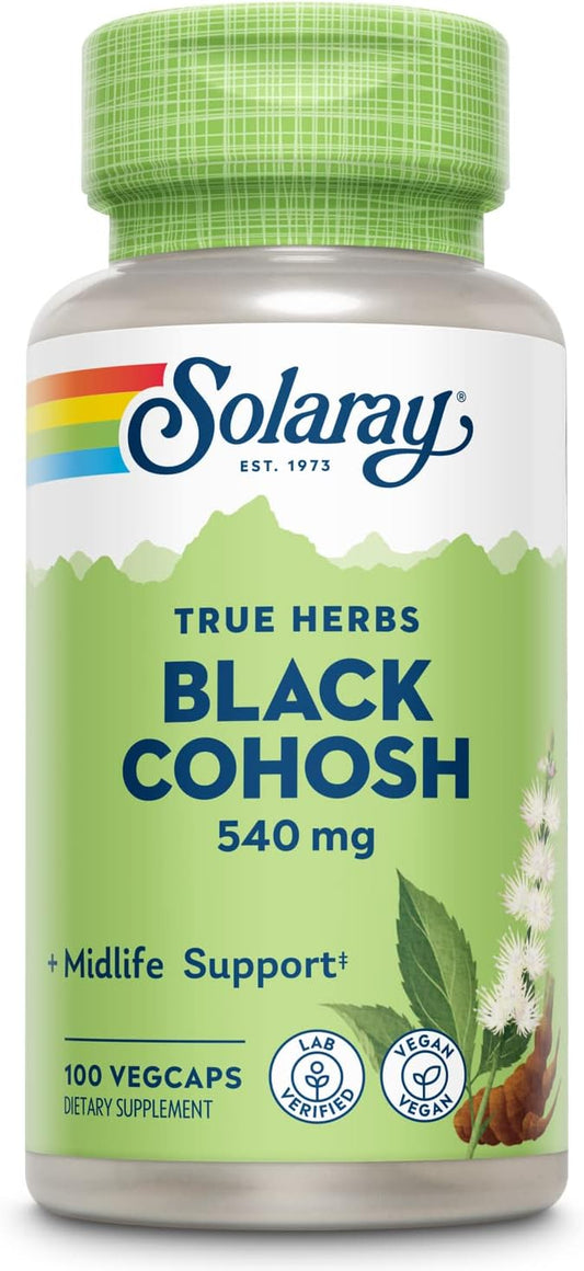 Black Cohosh 540mg Supplement for Womens Health & Menopause Support | Whole Root | Non-GMO, Vegan | 100 VegCaps by SOLARAY