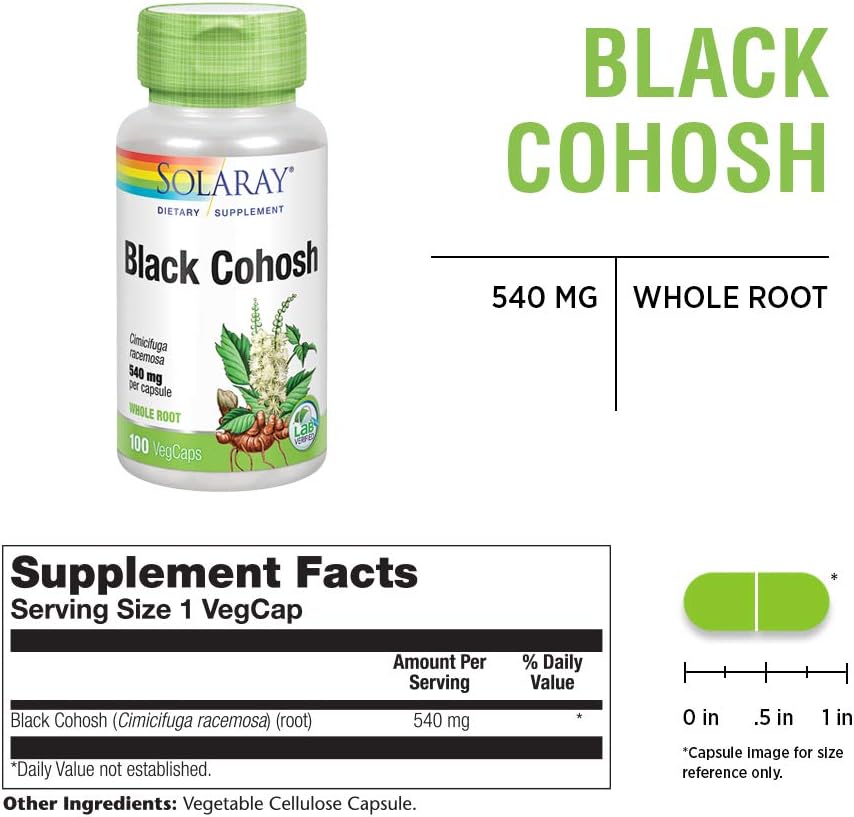 Black Cohosh 540mg Supplement for Womens Health & Menopause Support | Whole Root | Non-GMO, Vegan | 100 VegCaps by SOLARAY