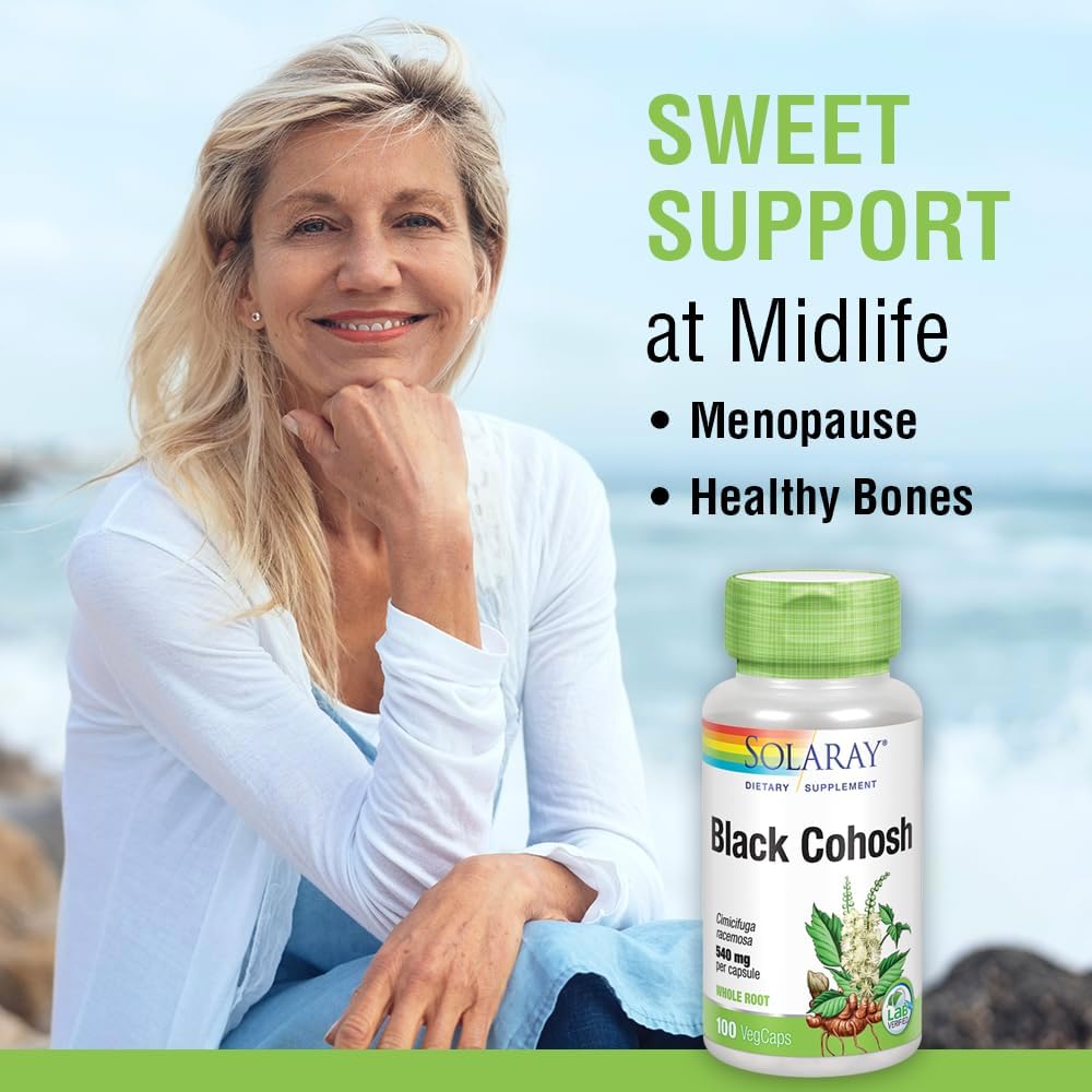 Black Cohosh 540mg Supplement for Womens Health & Menopause Support | Whole Root | Non-GMO, Vegan | 100 VegCaps by SOLARAY