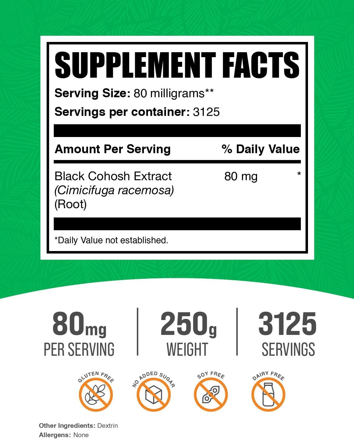 Black Cohosh Extract Powder - Vegan Supplement, 80mg per Serving, 250g - Bulk Size