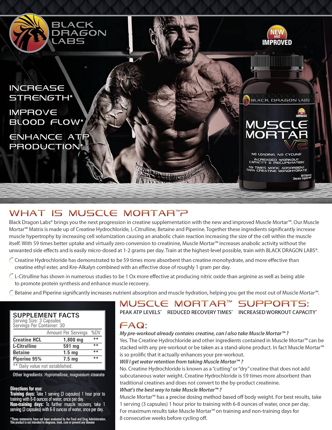 Black Dragon Labs Muscle Mortar Creatine HCL for Enhanced Strength & Endurance - 30 Servings
