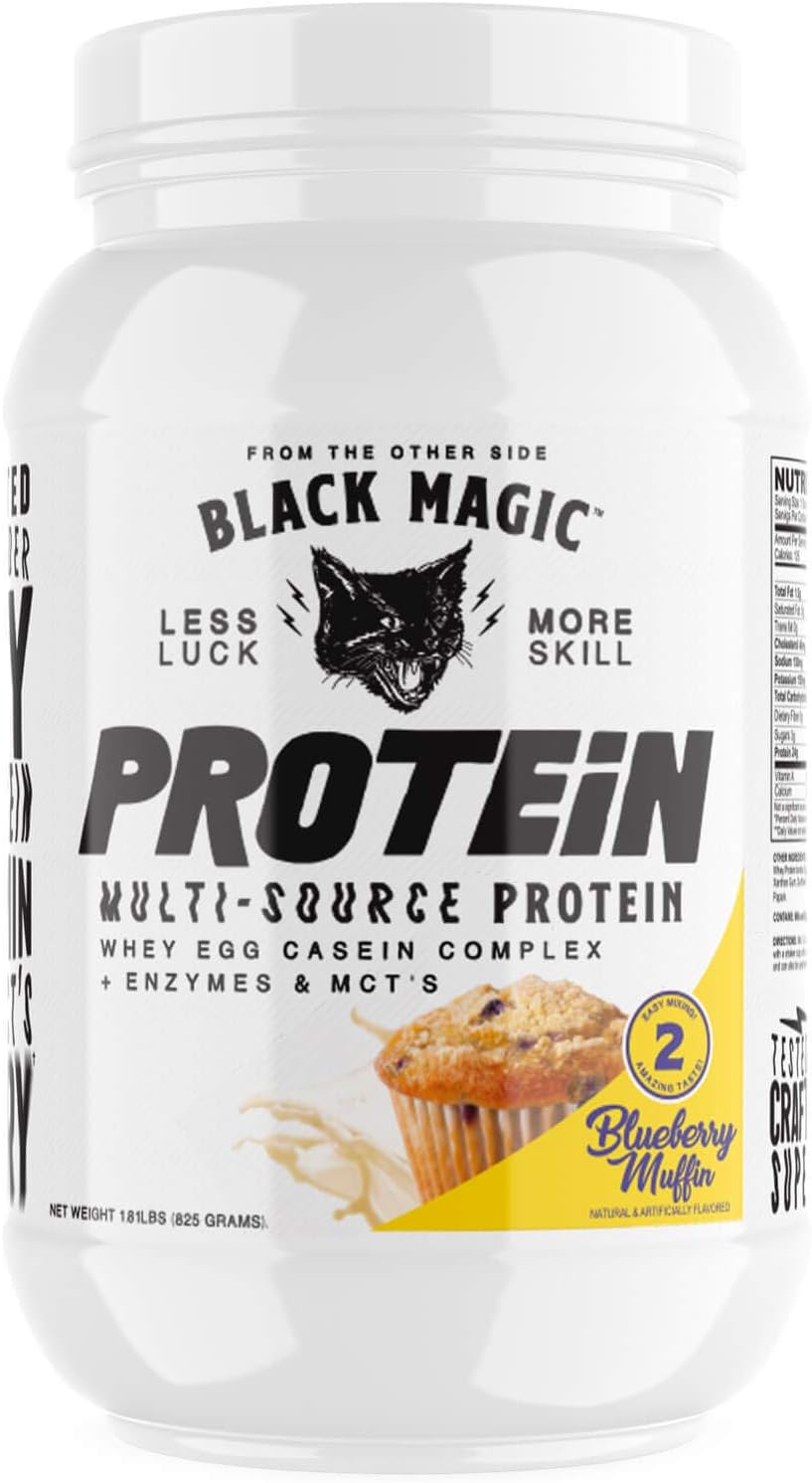 Black Magic Multi-Source Protein Powder - Whey, Egg, Casein Complex with Enzymes & MCT's - Keto-Friendly, Low Sugar - Blueberry Muffin Flavor - 24g Protein - 2 LB - Ideal for Pre/Post Workout