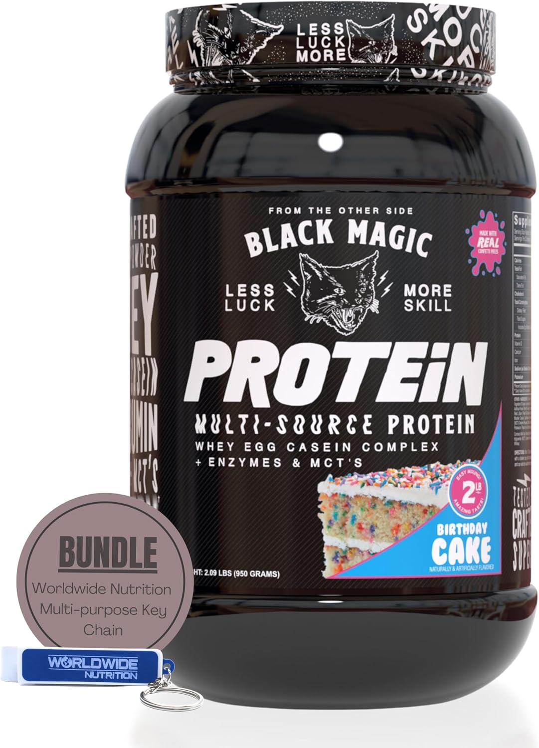 Black Magic Supply Worldwide Nutrition Bundle: Muscle Mass Gaining Protein Powder with Birthday Cake Flavor - 2 LB & Multi Purpose Key Chain