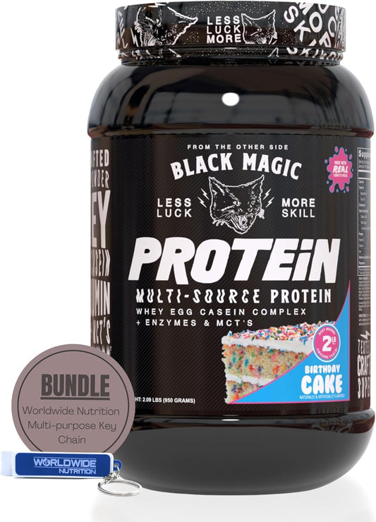 Black Magic Supply Worldwide Nutrition Bundle: Muscle Mass Gaining Protein Powder with Birthday Cake Flavor - 2 LB & Multi Purpose Key Chain