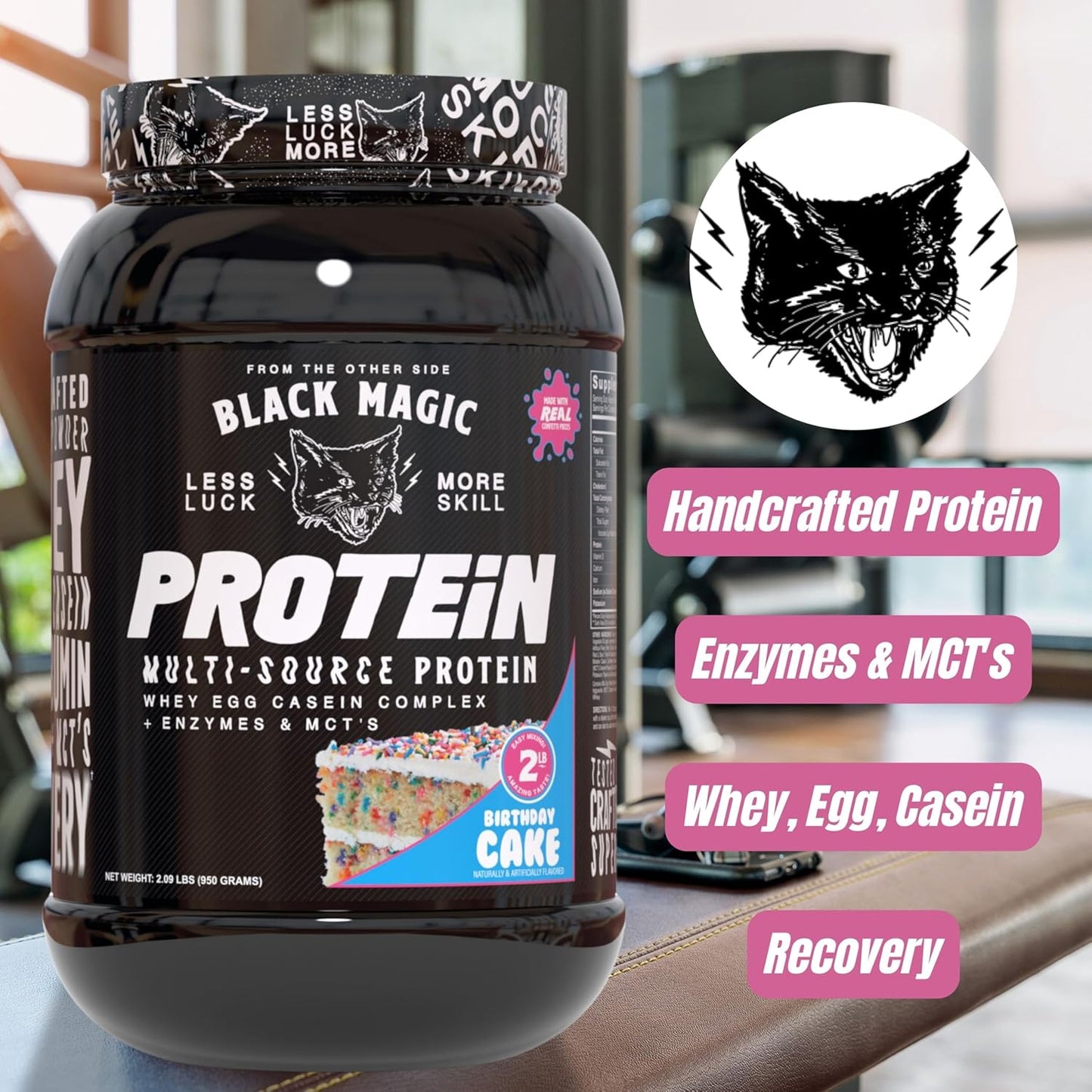 Black Magic Supply Worldwide Nutrition Bundle: Muscle Mass Gaining Protein Powder with Birthday Cake Flavor - 2 LB & Multi Purpose Key Chain