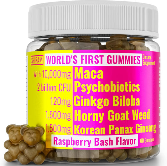 Black Red Maca Root Gummies with Ginkgo Biloba and Korean Panax Ginseng - Natural Psychobiotic and Boron Supplement for Men and Women, Powder Pills and Capsules Alternative