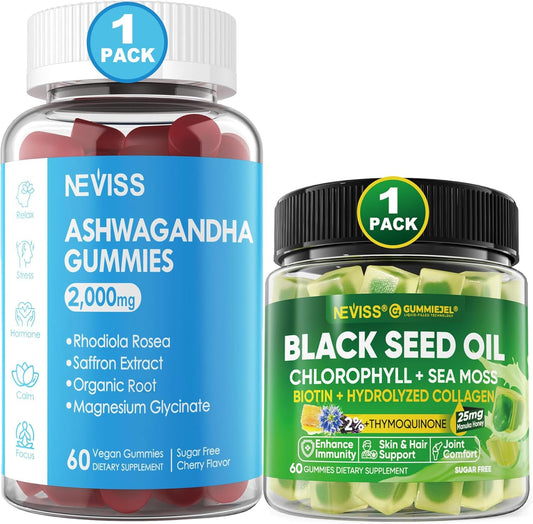 Black Seed Oil Gummies with Chlorophyll, Sea Moss, and Ashwagandha - 2000mg Sugar-Free Supplement with Magnesium Glycinate