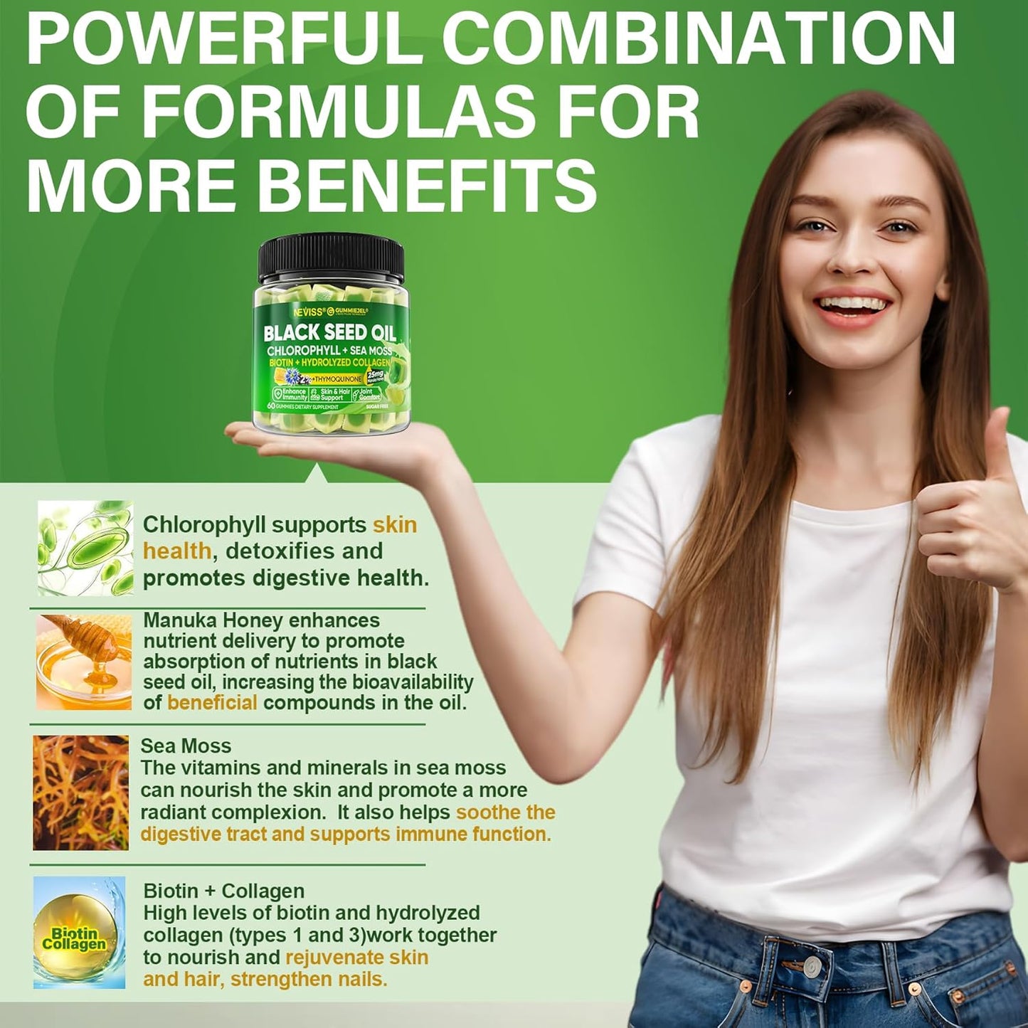 Black Seed Oil Gummies with Chlorophyll, Sea Moss, and Ashwagandha - 2000mg Sugar-Free Supplement with Magnesium Glycinate